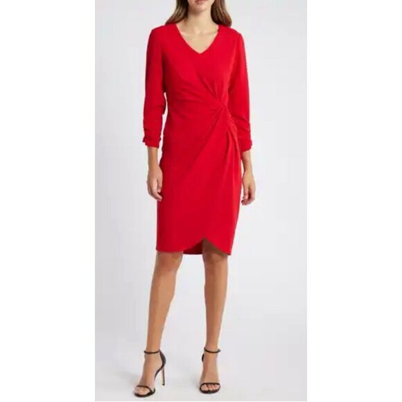 Tahari Dresses & Skirts - Women's Tahari ASL Red Knit Long Sleeve Side Knot Career Sheath Dress 14